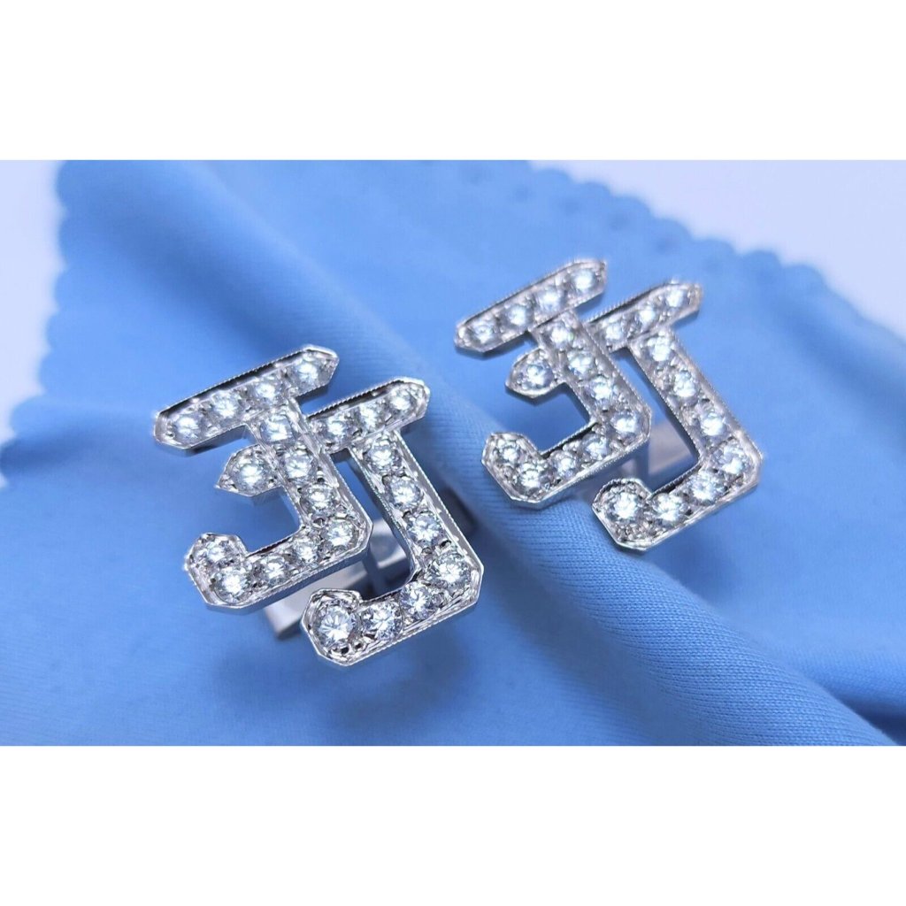 Unique 14k Karat Solid White Gold Designer Initial Letter Jj Diamond Cufflinks